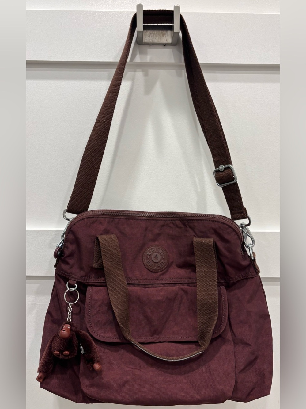 Kipling Chocolate Brown Shoulder Tote with Monkey Keychain